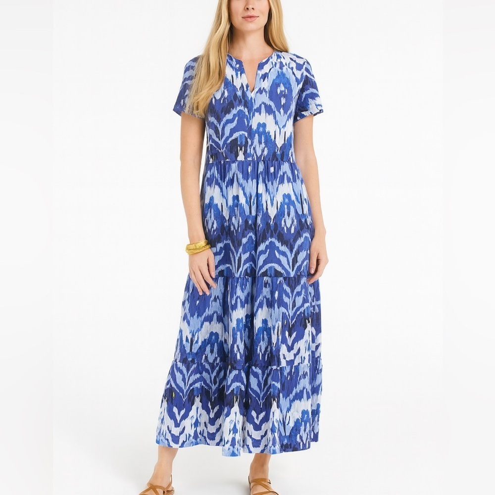 Chico's Ikat Tiered Maxi Dress 10 Pima Cotton Boho Flutter Sleeve Oversized